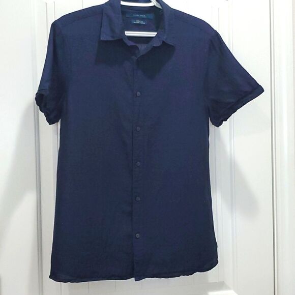 Perry Ellis Mens Linen Blend Button Down Navy Blue Shirt,  Size Small - Picture 1 of 6